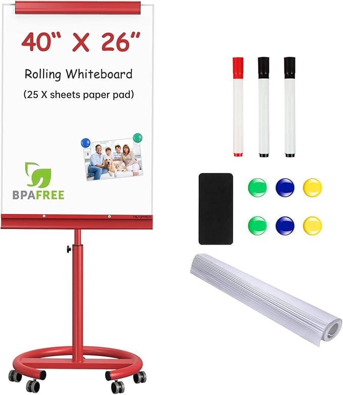 TSJ OFFICE Rolling Whiteboard Standing - 40 x 26 Inches Magnetic Mobile White Board with Stand, Height Adjustable Dry Erase Board on Wheels with Paper Clamp on Top, Red