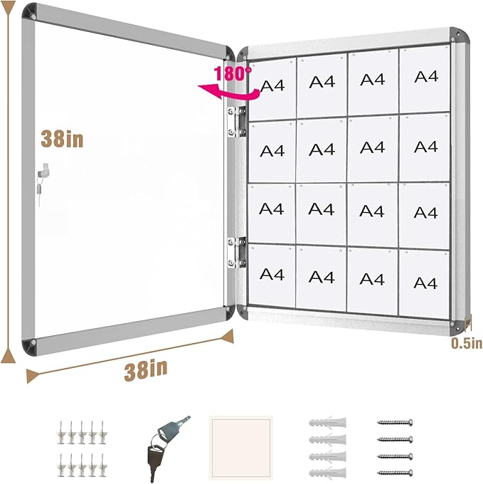 Mifuro 38"x38" Enclosed Bulletin Board, Lockable Weather-Resistant Aluminum Cork Noticeboard for School & Office, Silver Frame w/Grey Flet