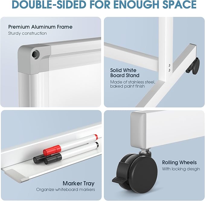 MaxGear Rolling Whiteboard, 72 x 40 Inch Double-Sided Magnetic Dry Erase Board on Wheels, 3 Height Adjustable Mobile Whiteboard with Locking Casters for Office, Classroom, Training