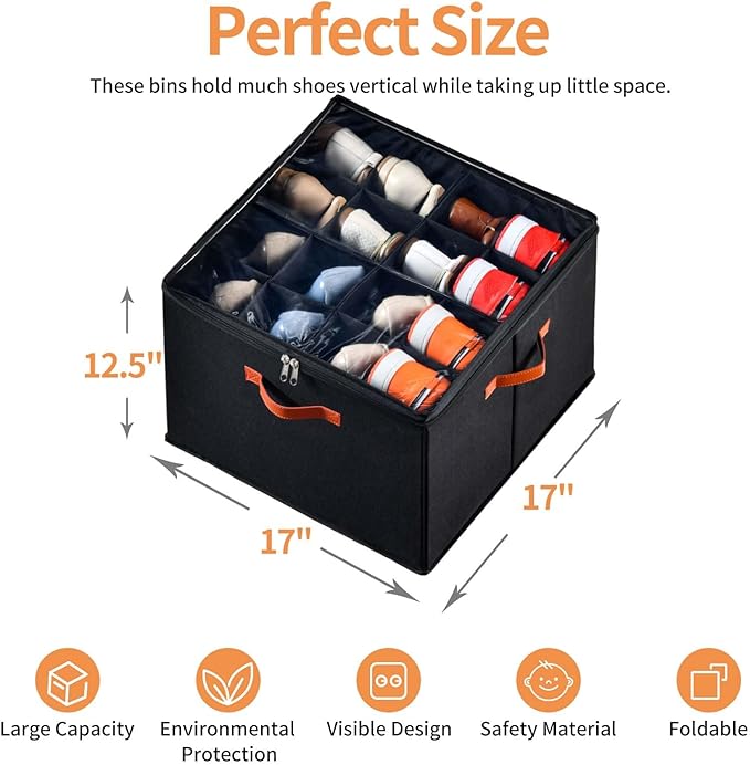 INSTY 2 Pack Shoe Organizer for Closet, Fits up to 32 Pairs, Adjustable Dividers for Shoe Storage, Space-Saving Shoe Bins and Clear Top, Black