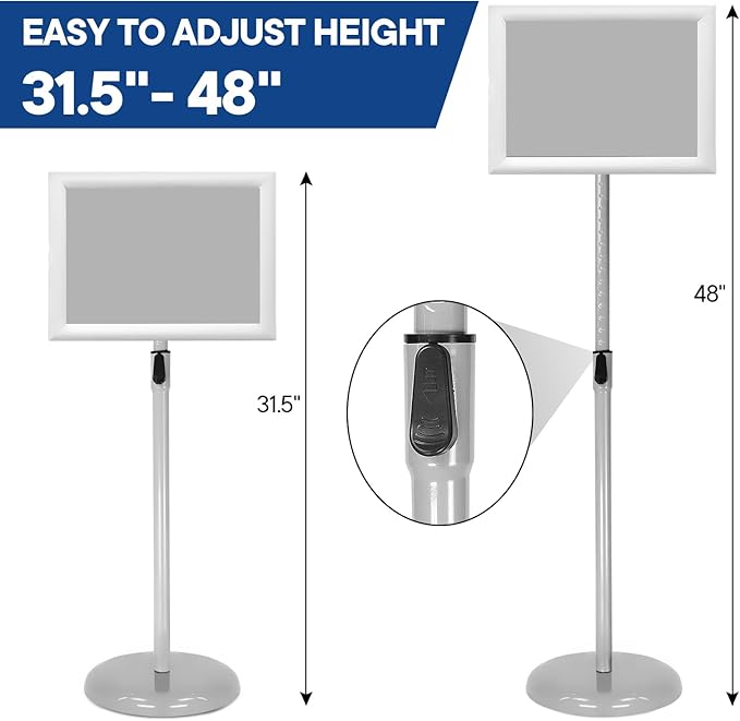 SENZHIYI Adjustable Poster Stand Holder Heavy Duty Snap Open Aluminum Pedestal Floor Standing Sign Holder Vertical and Horizontal View Sign Displayed 8.5x11 Silver（2pack