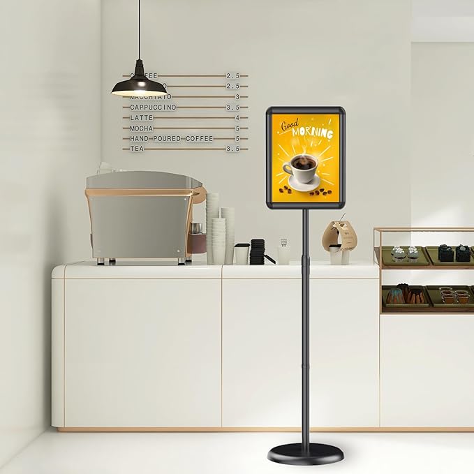Newzueby Pedestal Floor Stand Sign Holder for 11*17 inches Poster or chalk board, Snap open frame,360° Rotation,Outdoor Indoor Standing Display Sign Holders for commerical, directional use, Black