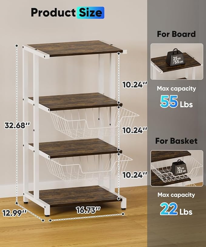 Ardier Media Stand with Two Detachable Baskets, 4-Tier AV Media Stand Corner Shelf for DVD Players/Cable Boxes/Games Consoles, Audio Storage Rack for Living Room, Gaming Room, Music Studio, White