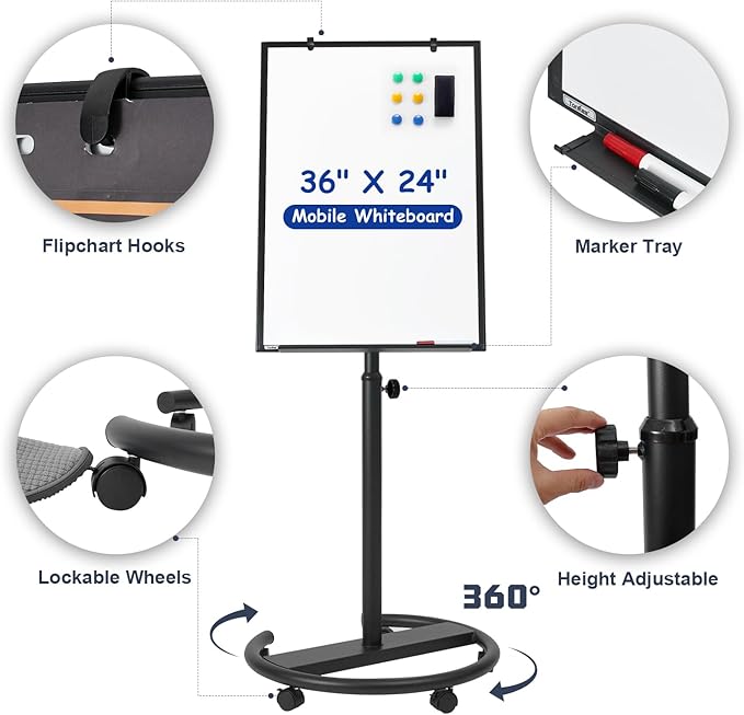Mobile Whiteboard, 36” x 24” Magnetic Portable White Board on Wheels, Height Adjustable Standing Dry Erase Board with Stand, Easel Style Rolling Whiteboard for Classroom, Office, Teacher, Home