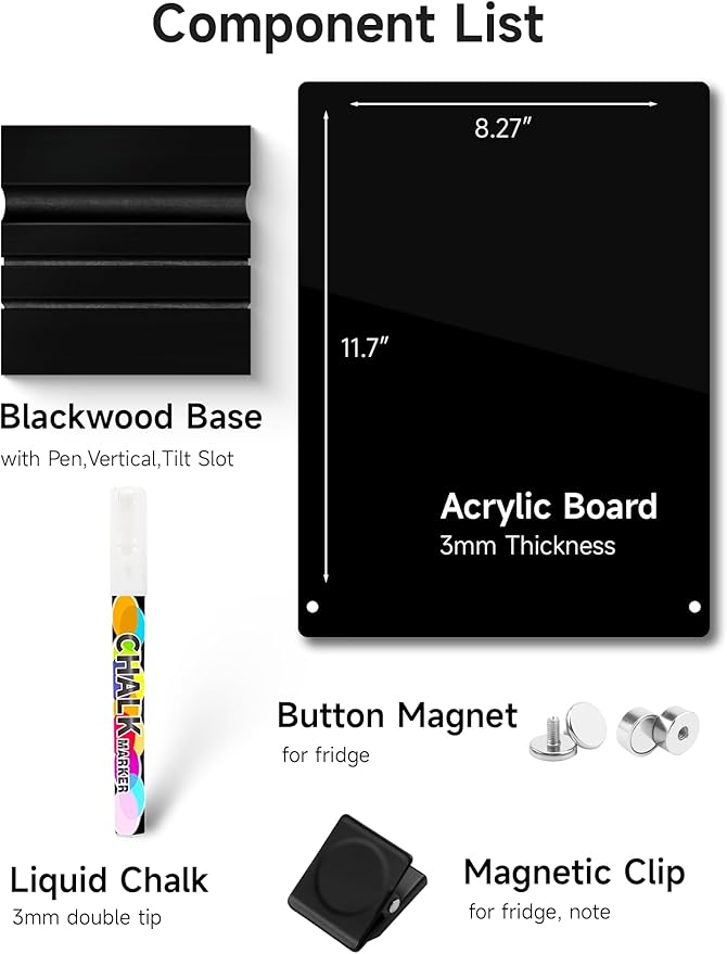 Kivsty Acrylic Black Dry Erase Board with Stand - 12” x 8” Small Desktop Whiteboard with Marker, Reusable Desk Blackboard, to-Do List, Planner, Memo Clipboard, Menu Board for Office, Home, Bar