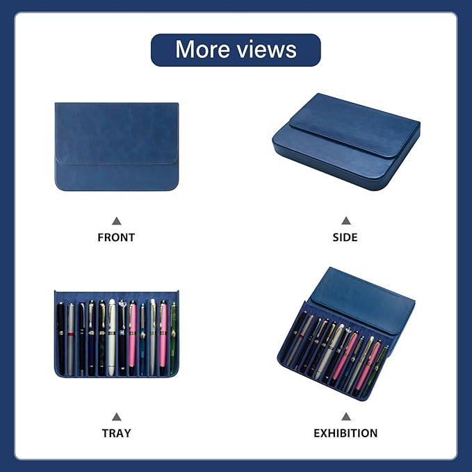 MIVLXLX PU Leather 12 Fountain Pen/Pencil Tray Case Organizer, Fashion Design, Handmade, Magnetic Closure with Drawer, Christmas Gift for Man/Woman/Office, 12 Slots(blue)