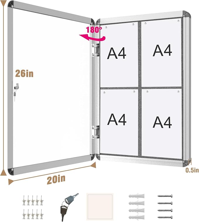 Mifuro 26"x20" Enclosed Bulletin Board, Lockable Weather-Resistant Aluminum Cork Noticeboard for School & Office, Silver Frame w/Grey Flet