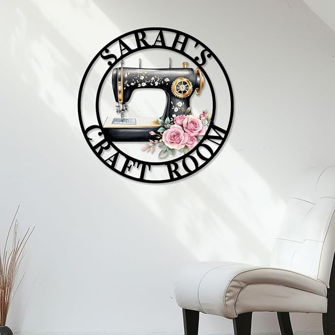 Custom Sewing Machine Metal Sign, Personalized Name Flowers Sewing Sign for Sewing Room Craft Room Decor Sign Sewing Metal Wall Art, Customized Sewing Family Name Sign for Mom Grandma