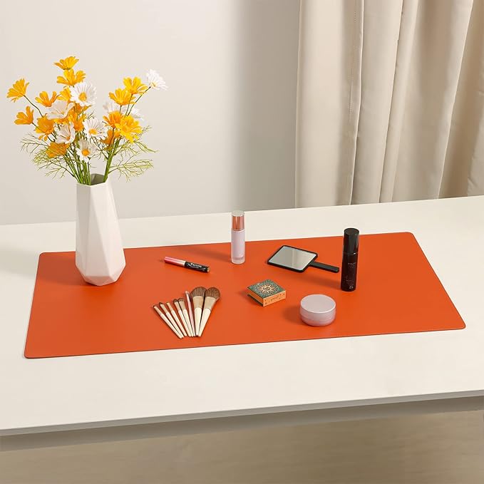 Wolaile PU Leather Desk Pad Blotter,Waterproof Orange Office Desk Mat for Women,Non-Slip Writing Desk Protector Large Mouse Pad,36x17inch
