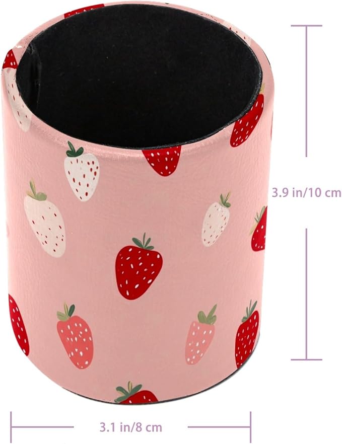 Leather Pen Holder for Desk Strawberries Pencil Cup Desktop Organizer Makeup Brush Holders Office Supplies for Home, Kids & School