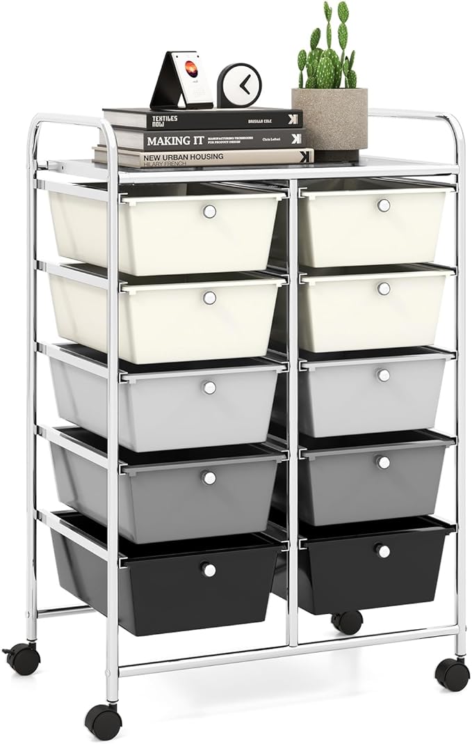 LDAILY 10 Drawer Rolling Cart, Storage Cart Organizer on Wheels, Drawer Cart with Metal Frame & Large Storage Capacity, Rolling Cart with Drawers for Living Room Classroom, Office