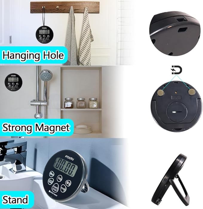 FCXJTU Digital Waterproof Shower Clock Timer, Bathroom Shower Countdown Timer with Alarm, Magnetic Back, Stand for Kitchen Cooking Dark Black