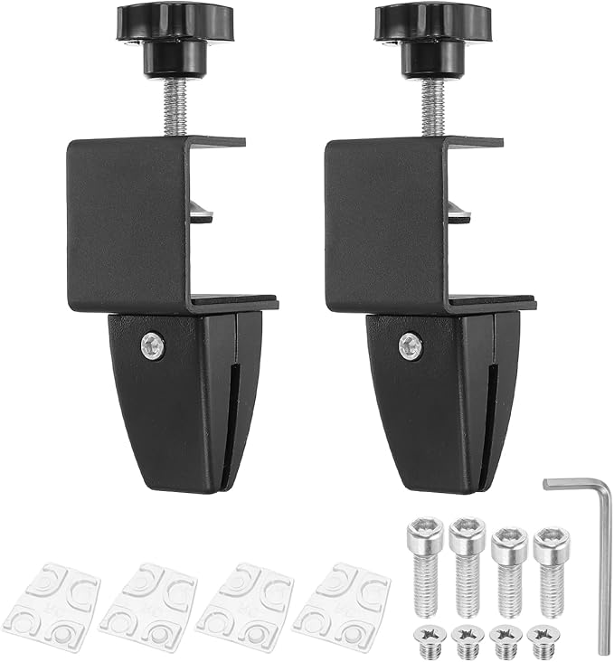 PATIKIL 2 Pcs 1/8" to 1/2" Adjustable Desk Divider Partition Clips, Aluminum Sneeze Guard Support Clamps Desktop Divider Clips for Offices Stores, Counter Privacy Panel,Black