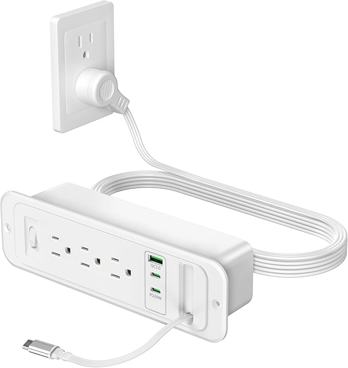 Recessed Power Strip with Retractable USB C Cable,2 PD 20W USB C,Flush Mount Countertop Drawer Outlet, Furniture Hidden Outlet for Side Table,End Table,3 Outlets (White, 6FT-20W USB)