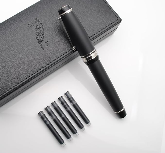 xixixiaozhu Metal Big Fountain Pen Set Medium Nib 0.7mm, Includes Ink Refill Converter, 5 Ink Cartridges & Gift Box (Medium Nib 0.7mm, Matte Black with Silvery Clip)