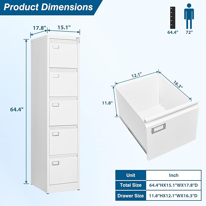 PEUKC 5-Drawer File Cabinet, 16.3" Deep Vertical Metal Filing Cabinet with Lock for Home Office, Anti-Tip 5 Storage Drawers for Letter/Legal/A4/F4 Size (Assemble Required, White)