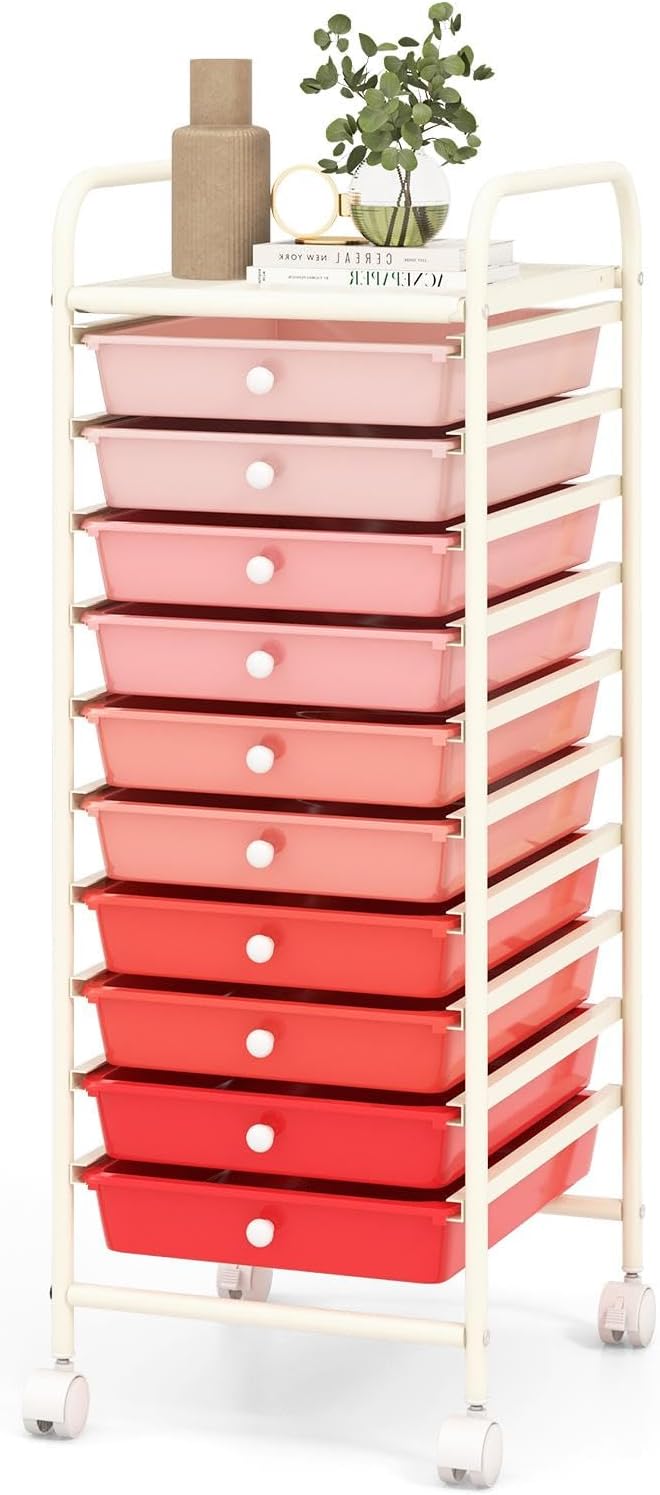 GLACER 10 Drawers Rolling Cart, Storage Cart with w/Removable Drawers & Steel Frame, Utility Mobile Trolley w/Universal Casters & 2 Brakes, Organizer Cart for Home, School, Office (Gradient Pink)