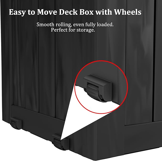 Decksplore 75 Gallon Outdoor Storage Box with Wheels, Waterproof Lockable Resin Deck Box Patio Storage Bin for Pool Accessories Cushion Furniture, Garden Tools, UV-Resistant Outside Delivery Black