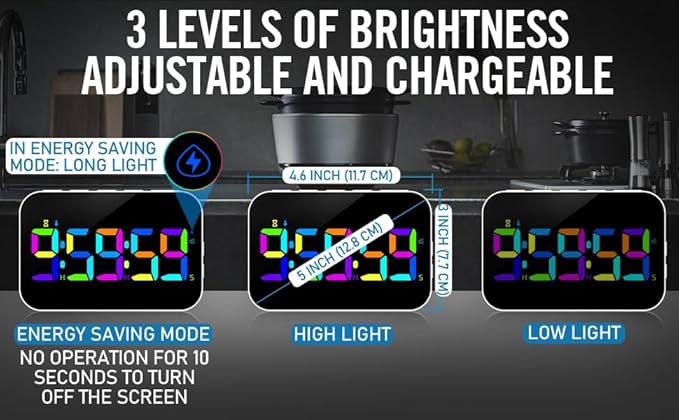 Kitchen Digital RGB Timer, Count Down Up, Rechargeable, Vibration Mode Adjustable Volume and Brightness LED Display, Time Management Cook, Desk, Kids Adults Study Teaching, Kitchen Gadgets