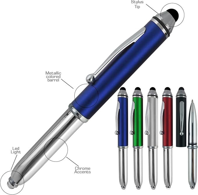 Promotional Pens with your Personalized Text or Custom Business Logo- Bulk 150 Pack- for Marketing, Parties, and Events, 3 in 1 LED Flashlight + Ballpoint Pen + Stylus for Touchscreen Devices, Green