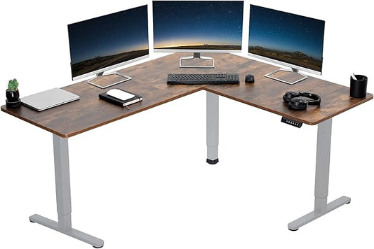 VIVO Electric Corner 63 x 55 inch L-Shaped Standing Desk, Memory Height Adjustment, Rustic Vintage Brown Top Gray Frame, DESK-E3CTGN