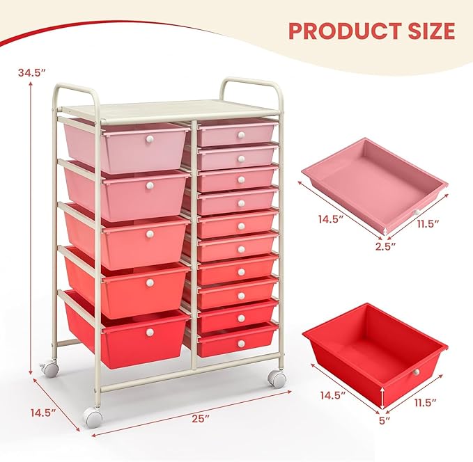 LDAILY 15 Drawer Rolling Storage Cart, Rolling Cart with Drawers for Classroom, Art Supply Craft Organizer on Wheel with Metal Frame & Handles for Home Office School