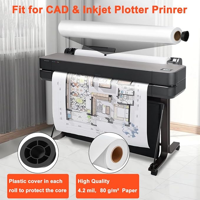 Plotter Paper 24" x 150', 2" Core 4.2 mil - 80 g/m² 20lb Bond Tracing Paper Roll for Wide Format Ink Jet Printers | Architectural Blueprints, Engineering Drawings, CAD, Custom-Sized Prints (4 Rolls）