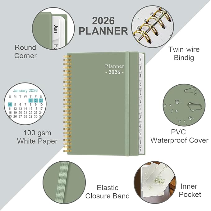 2026 Planner - Weekly Monthly Planner 2026 from January 2026 to December 2026 with 12 Monthly Tabs, Flexible Cover, Inner Pocket, 8.5" x 11", Green