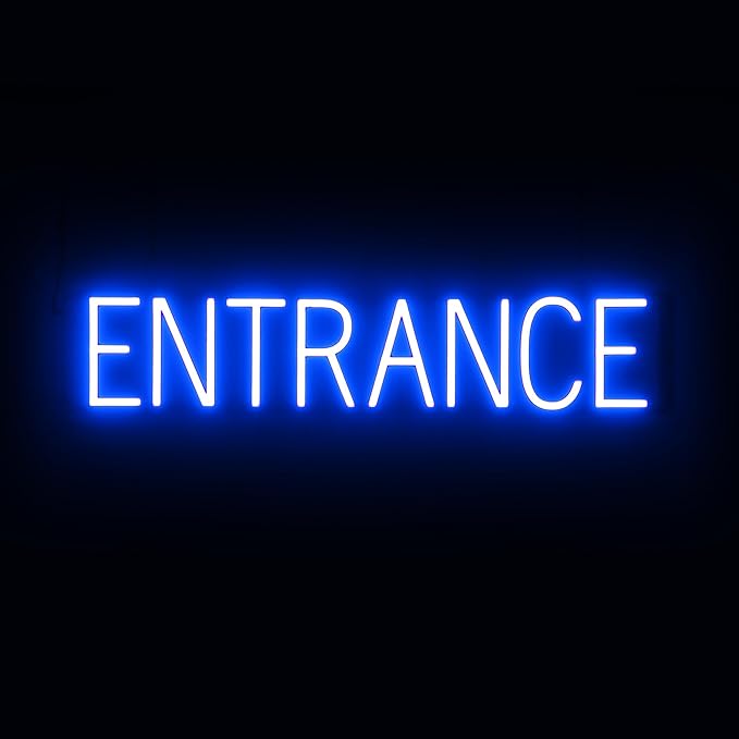 SpellBrite ENTRANCE Sign | Directional Sign with Neon Look, Blue LED Light Source | 31.3" x 6.3"