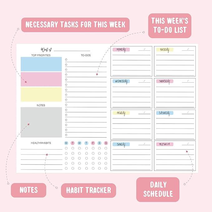 JAMIEKA 52Color Weekly Tearable Planners Pad for Efficient Time Management Goal Tracking On Paper Schedule Notepad for Student