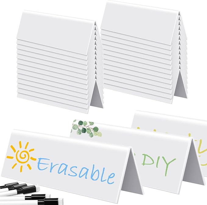 Fainne 60 Sets Dry Erase Name Tent Cards with Black Markers 8.7 x 2.8 x 1.9 Inches White Reusable Name Plate Wipe Clean Desk Tags Sign for Classroom Table Office Conference Meeting Weddings