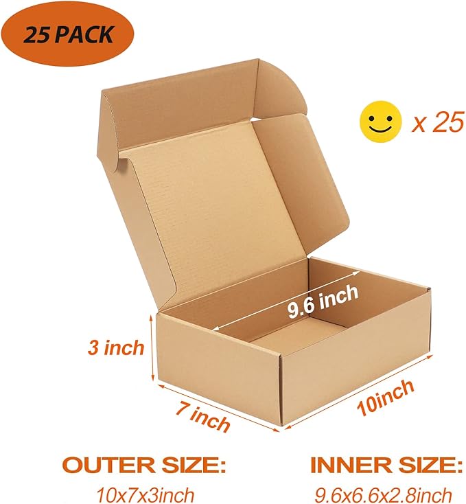 PHAREGE 10x7x3 inch Shipping Boxes Bulk 25 Pack Brown, Tab Lock Tuck Top Mailer Boxes for Packaging Small Business, Medium Cardboard Gift Boxes for Wrapping Mailing Present