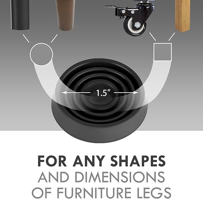 Furniture Coasters, 1.5X1.5 Rubber Caster Cups Non Slip Furniture Pads Non Skid Furnitures Grippers Anti Slide Floor Protector for Bed Couch Table Chair Stoppers (Black, 12 Pack)