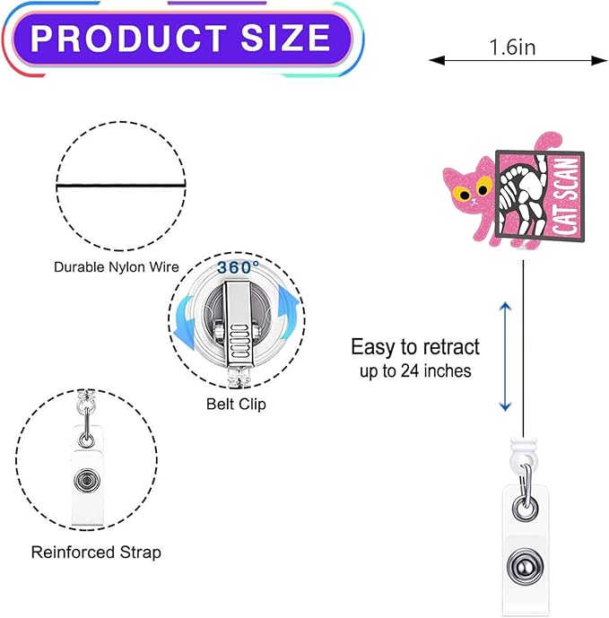 2Pcs Funny Cat Scan Badge Reel Retractable for Nurse, Doctor, Medical Worker Nursing Student | Cute Pediatric Nurse ID Name Badge Holder 24” Durable Nylon Retractable Cord with Alligator Clip