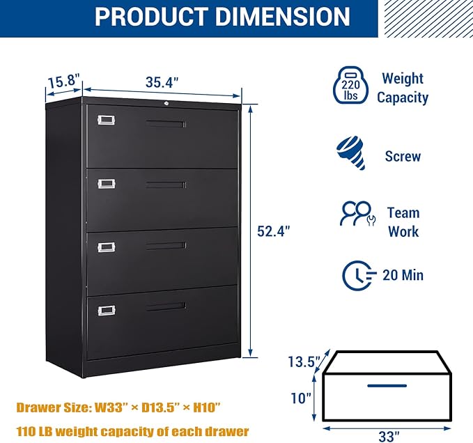 Fesbos Lateral File Cabinet with Lock, 4 Drawer Large Metal Filing Cabinet,Home Office Lockable Storage Cabinet for Hanging Files Letter/Legal/F4/A4 Size-Assembly Required