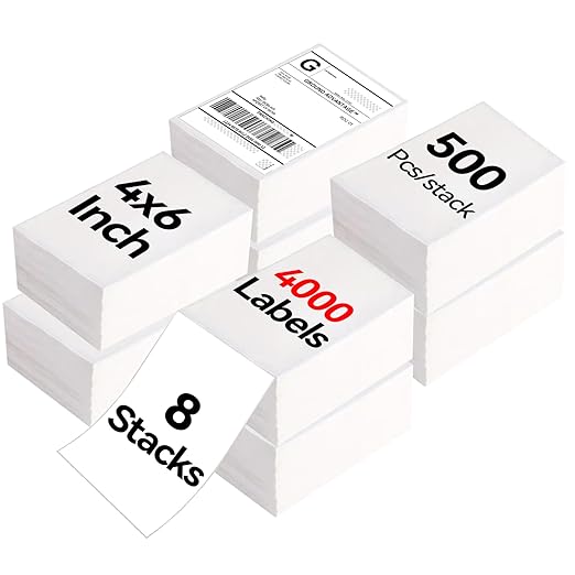 4"×6" Direct Thermal Shipping Label, Fanfold Thermal Label 4000 Packs (500packs Per Stack) Permanent Adhesive, Compatible with Zebra, Rollo, Jadens, Nelko