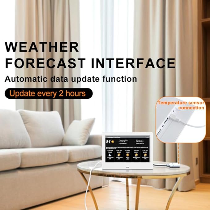 TIMEMOON WiFi Digtial Calendar Clock with Day and Date Alarm Clock with Weather Temperature Humidify Alzheimers Clock for Elderly Auto Dimmable 8 Alarm Options (7 inch White)