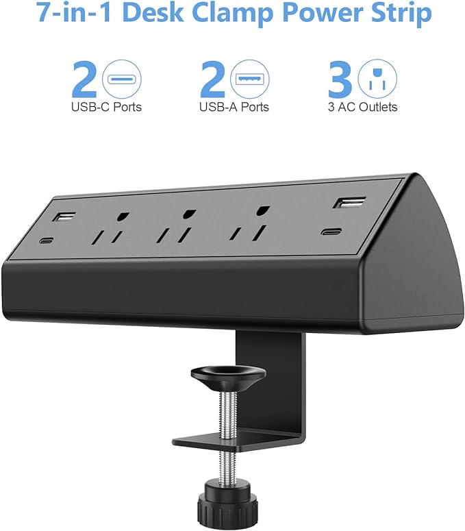 Desk Clamp Power Strip,40W Fast Charging Station,Desktop Mount Surge Protector,2 PD 20W USB C Ports,3 Outlets for Home,Office,Fit 1.9" Tabletop Edge (Black, 3 Outlets & 4 USB Ports & 20 FT Cable)