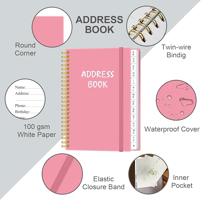 Address Book with Alphabetical Tabs - Telephone & Address Book with Address Contacts, Special Date, Phone, Birthday & Internet Login Password for Home and Office, 4.3" x 6.2", Pink
