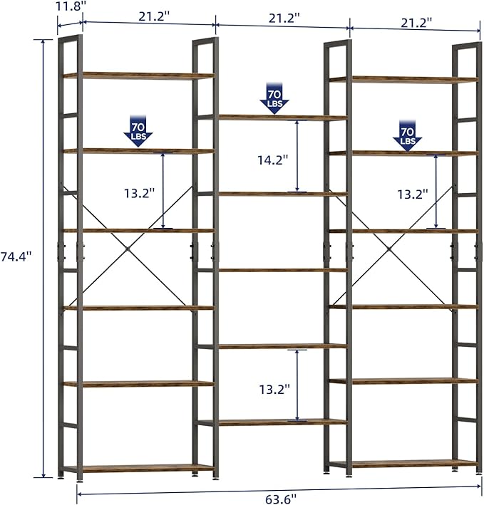 NUMENN Triple Wide 6 Tier Bookshelf, Rustic Industrial Style Bookcases and Bookshelves with 17 Open Display Shelves, Modern Tall Bookcase Furniture for Bedroom, Living Room and Home Office, Vintage