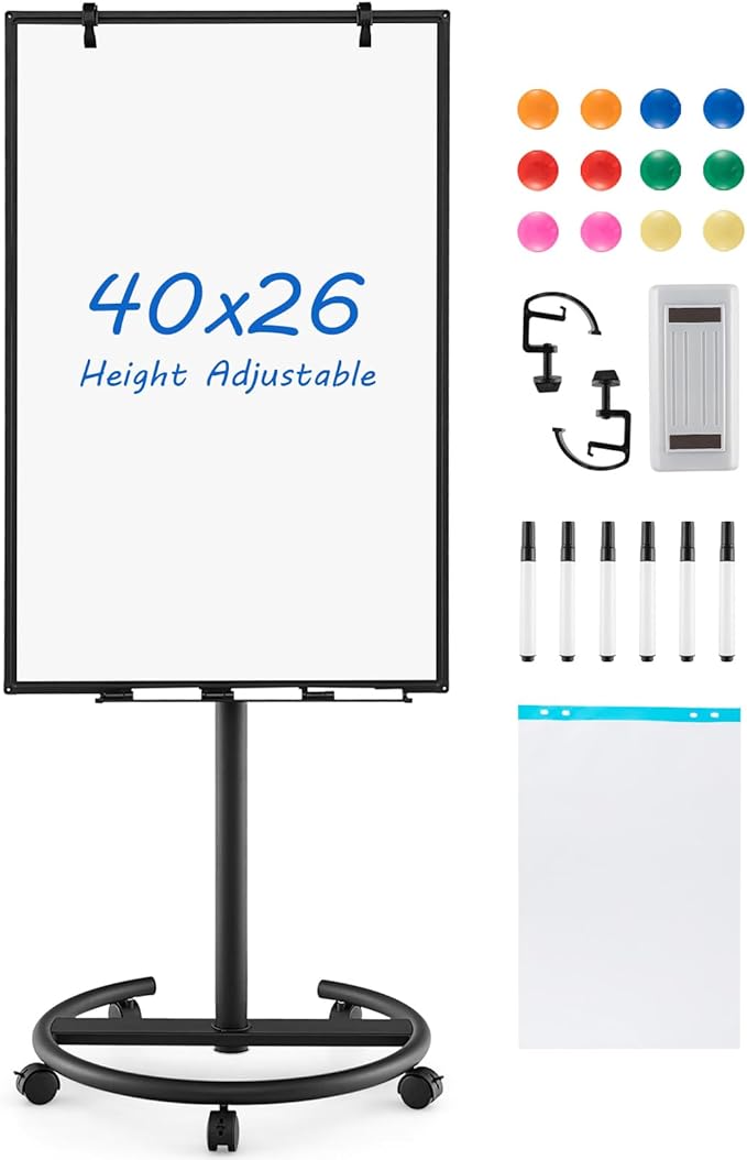 Goplus 40” x 26” Rolling Whiteboard, Height Adjustable Magnetic Dry Erase Board on Wheels with Round Stand, Paper Clips, Storage Tray, Paper Pad, Magnets, Markers, Mobile White Board for Office School