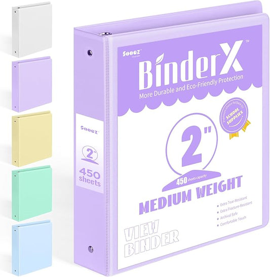 BinderX Extra Durable 3 Ring Binder, Round Ring 2 Inch Binders, Fits 450 Sheets of 8.5x11 Paper, Customizable View Cover with Inside Pockets, Cute 2" Binder, School Supplies for Girl, Lavender Purple