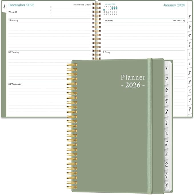 2026 Planner - Academic Planner 2026 from January 2026 to December 2026 with 12 Monthly Tabs, Flexible Cover, Inner Pocket, 8.5" x 11", Green