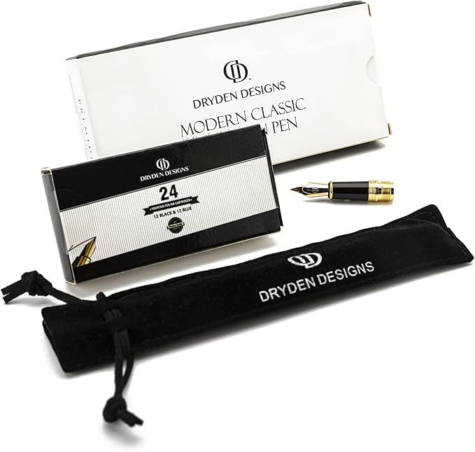 Dryden Designs Fountain Pen - Medium and Fine Nibs | Includes 24 Ink Cartridges and Ink Refill Converter | Calligraphy Pen, Consistent Writing, Smooth Flow - Emerald Green.