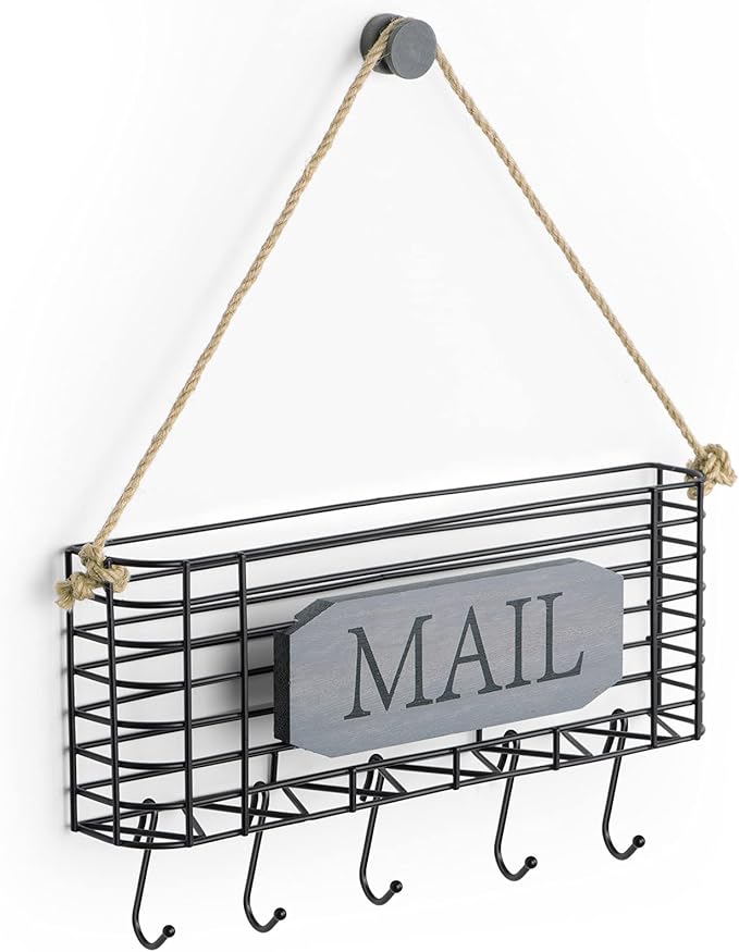 SRIWATANA Mail Key Holder for Wall, Rustic Mail Organizer Wall Mount with 5 Key Hooks, Large, Weathered Grey