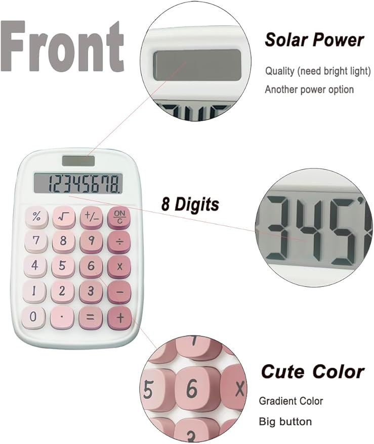 Mechanical Calculator,BTSEYAW Dual Power Calculator with 8 Digit Display tilt Screen and Big Buttons, Cute Office Desk Accessory (Pink)