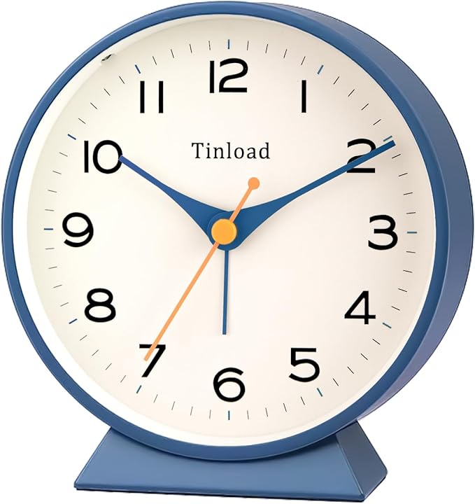 Tinload 4.5" Battery Operated Retro Analog Alarm Clock, Small Silent Bedside Desk Clock,Lighted on Demand, Battery Operated, Snooze, for Living Room, Bedroom, Bedside, Desk(Blue)