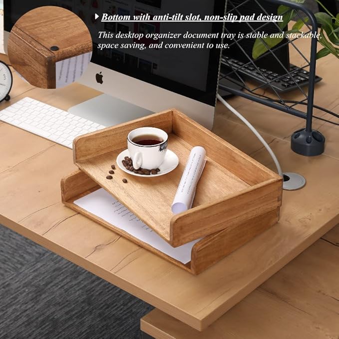 DDYURI Wood Stackable Paper Trays for Office Supplies and Accessories - Desk Organizer Tray for Letter Document Magazine -Wooden Desktop File Folder Holder Shelf 2 Set Light(2CTP-LT)