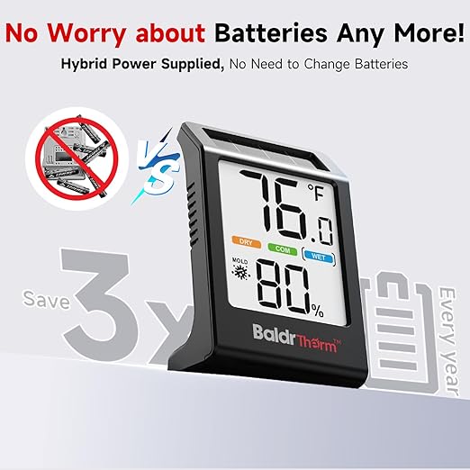 BaldrTherm Room Thermometer Indoor Humidity Meter, Solar-Powered 3.2'' Digital Temperature Sensor Monitor with 5-Comfort Indicator for Baby, Home, Office, Black, 3Pack