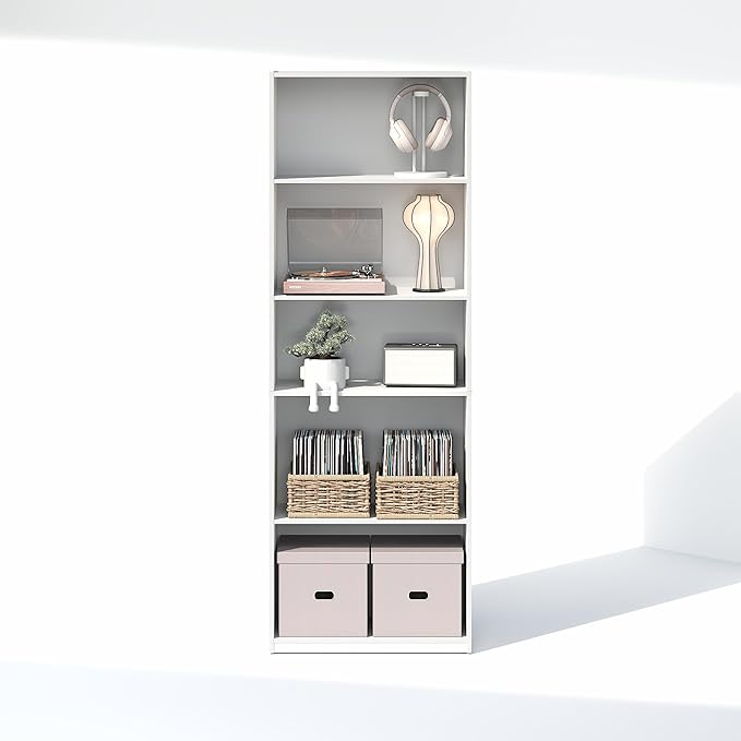 Furinno GEHRY DVD Shelf, 5-Tier CD Rack, Media Shelf with Adjustable Shelves, DVD Storage Cabinets for CD Blueray Game Disc, Easy Assembly, for Living Room, Home Office, White